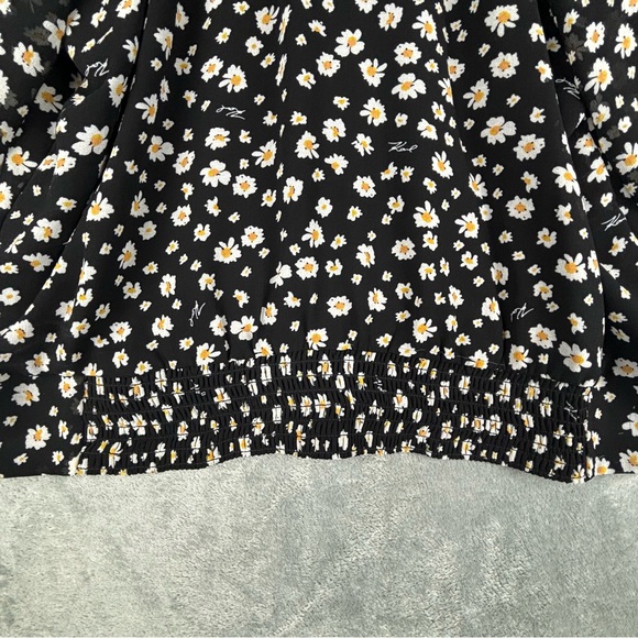 Karl Lagerfeld Black Floral Blouson Top Women Large Split V-Neck 3/4 Puff Sleeve - Picture 14 of 16